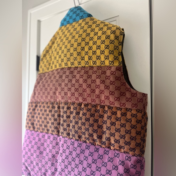 Gucci $2600 GG Logo Jacquard Cotton Canvas Down Multicolor Colorblock Vest 46 - Picture 3 of 14